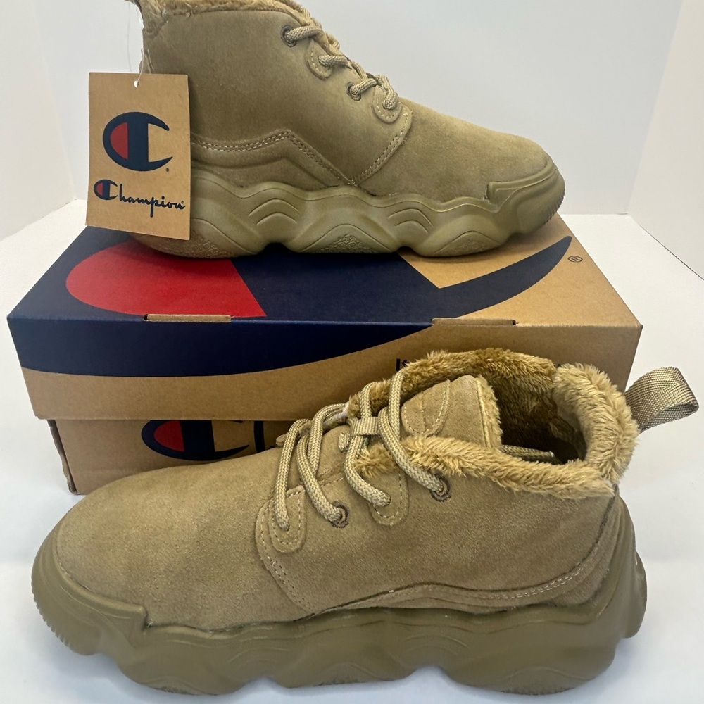 Champion Kids Sneakers Tan Suede High-Top with Faux Fur